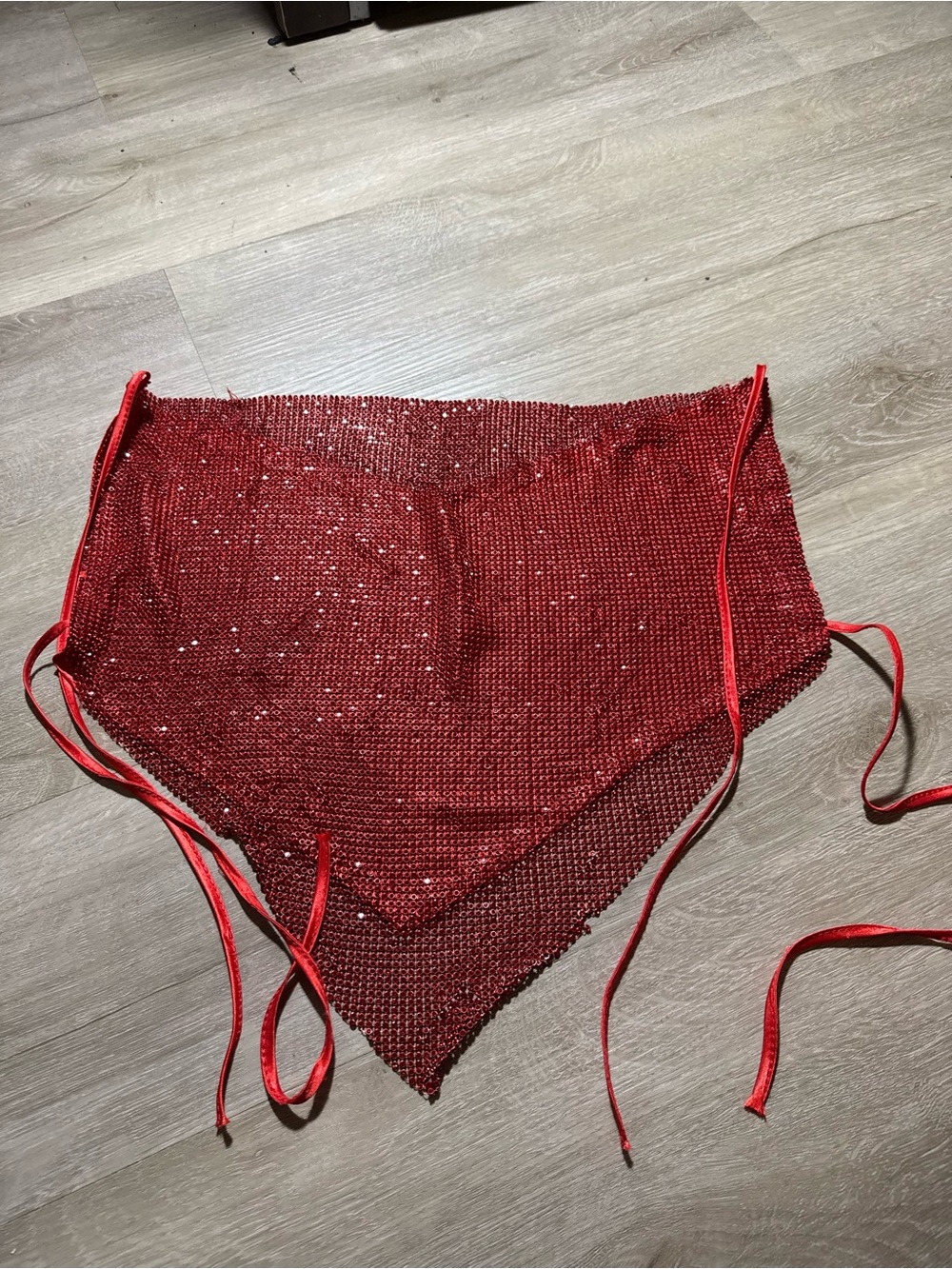 Women's Red Sequin Triangle Bandana Top with Tie Straps